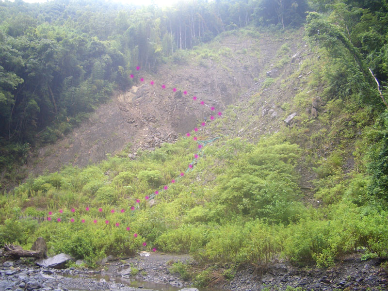 馬鞍支流旁的崩壁, 高約50m, 紅點為路線.