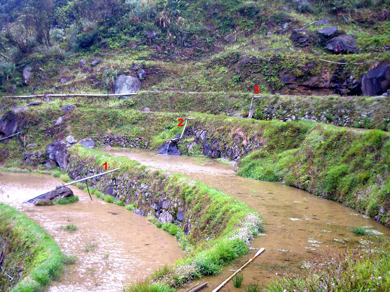 山坡地勢陡, 梯田落差大. 為避免田水對田埂的侵蝕, 水由上階田流至下階田時, 不是直接流下, 而是經由管子(1,2,3)導引至遠離田埂, 特別會選有石頭處(耐侵蝕), 才落下.