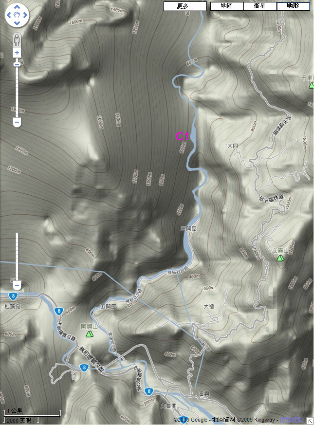 砂卡礑溪等高線圖(部份地區不正確), C1為預定營地