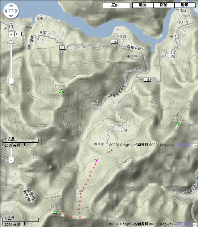 紅點為登山路線, X為登山口.