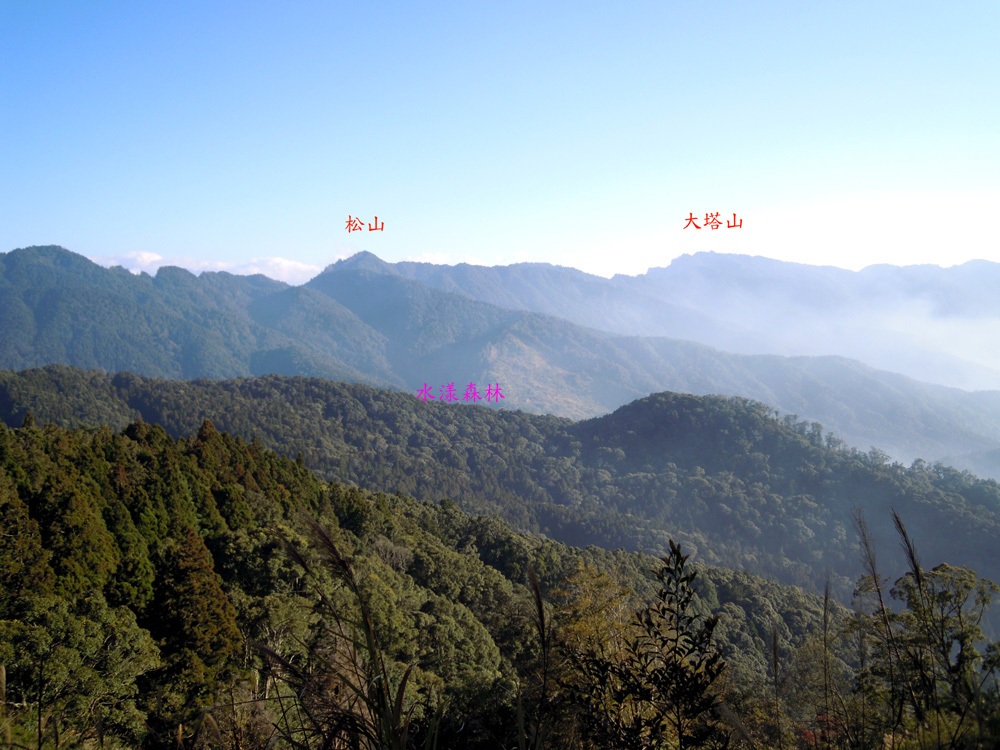 在鹿屈山附近?望阿里山山脈的主脊, 其中海拔2620m左右的大塔山是阿里山脈的最高峰. 水漾森林則在圖中(921地震引起的)崩塌地的下方山谷裏.