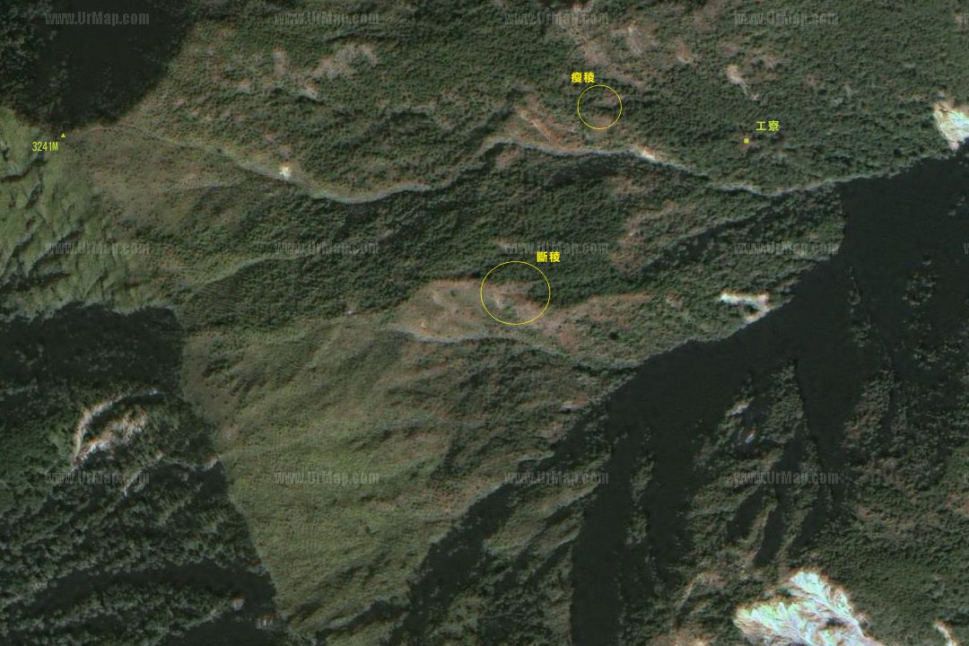 在郡大山東側的空照圖加上標註, 底圖摘自 http://www.urmap.com/