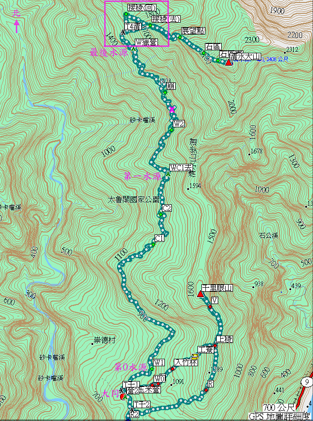清水大山傳統路線航跡圖. 登山口附近(粉紅色框內), 有兩條路徑, 回程時常會沿稜下到北側的路, 要記得左彎回到登山口. x為困難點大致位置.