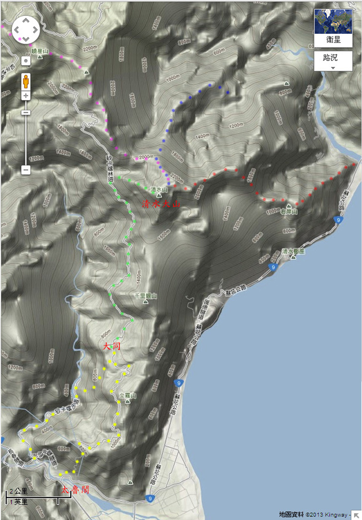 50年會師路線圖: 紅色為右岸山-清水大山, 粉紅色為曉星山-清水大山, 藍色為清水大山北稜線, 綠色為清水大山西稜傳統線, 黃色為同禮部落巡禮.