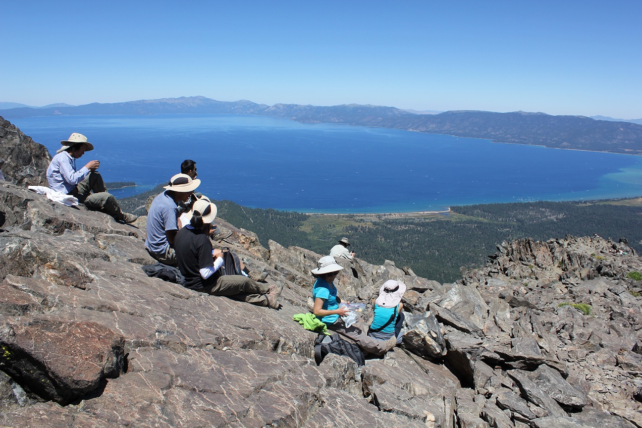 on Mt. Tallac (2968 meters) with Lake Tahoe in the background