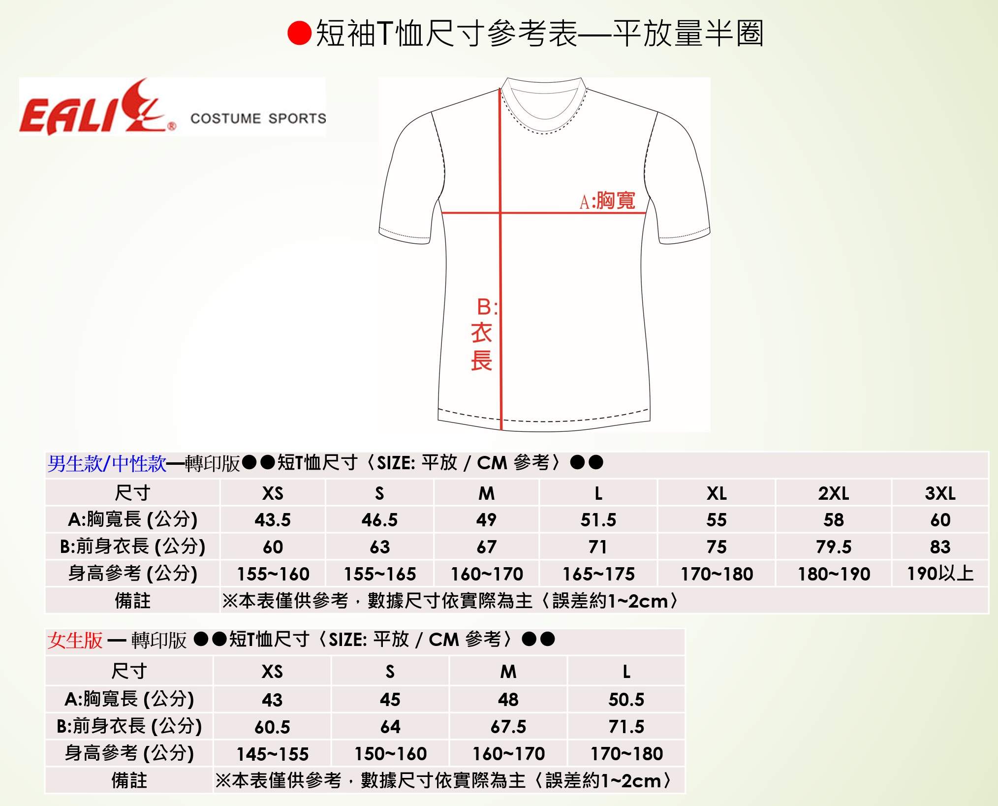 南湖30 紀念排汗衫 尺寸表 (5/22 更新版)