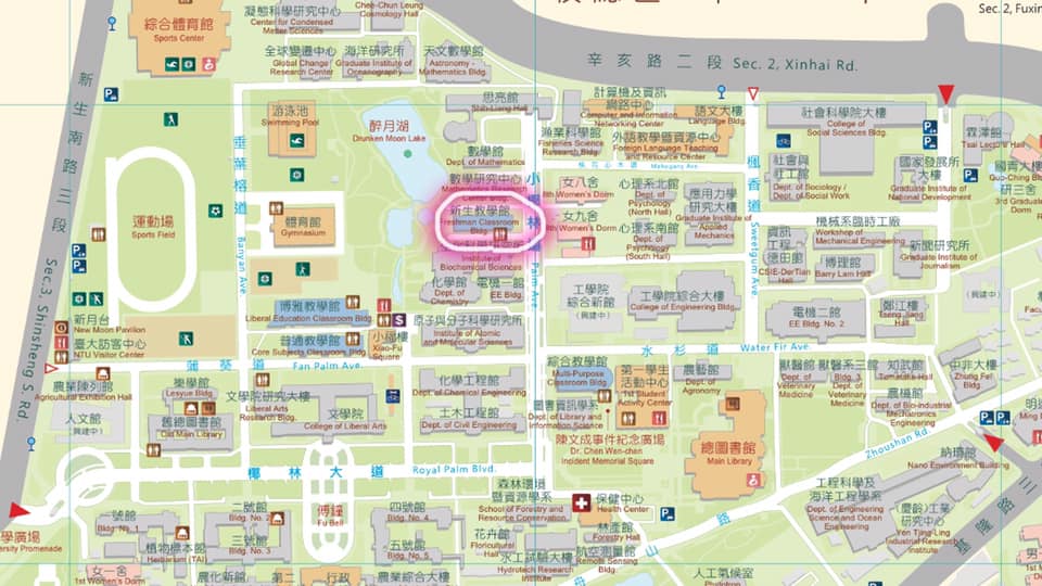 台大校園配置圖，講座地點在新生大樓405教室。