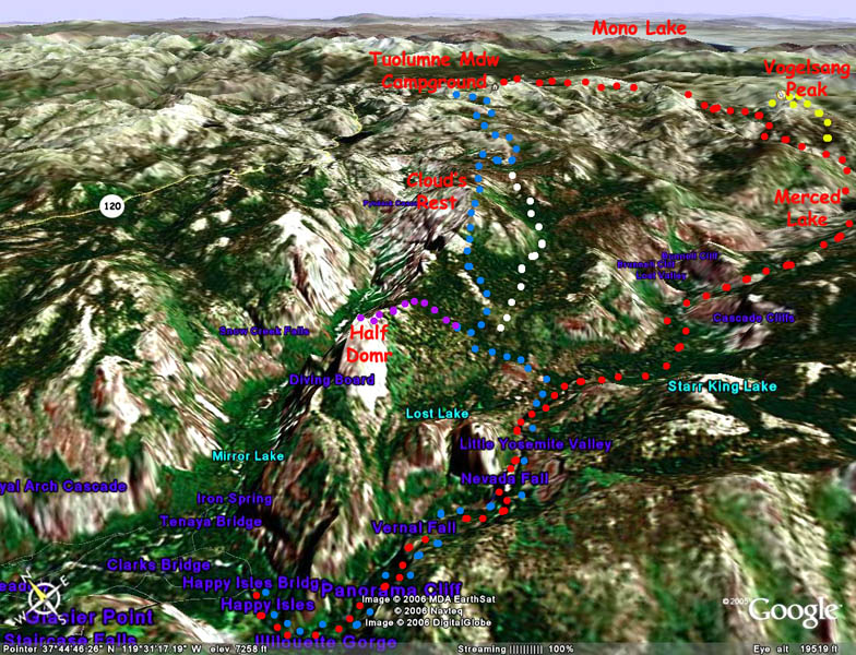 行前活動的三隊登山路線(用Google Earth作): 紅點是A隊路線，加黃點Vogelsang登頂路線; 藍點是B和C隊路線; 白點是B-2隊路線; 紫點是三隊會師Half Dome登頂路線