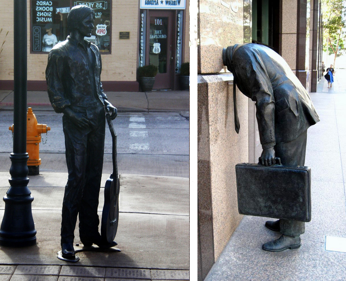 左：歌手站在街角公園，Winslow, AZ；右：漢維拍的“一頭撞墻”在洛杉磯市中心