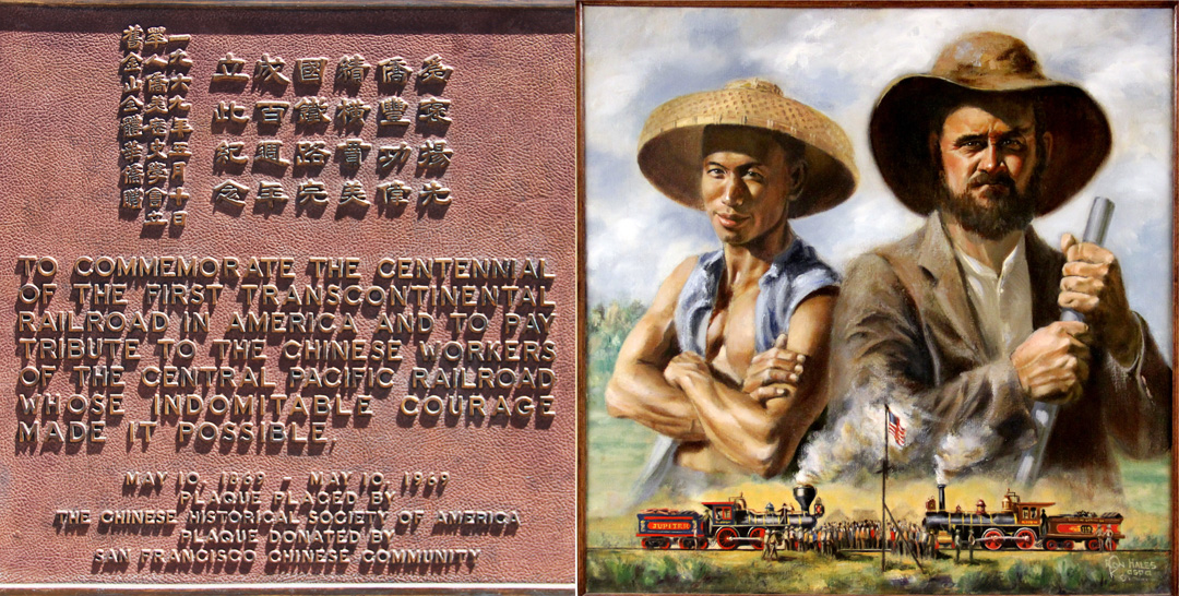 左：一百年後鐫刻的銅牌紀念華工。右：現代畫作。