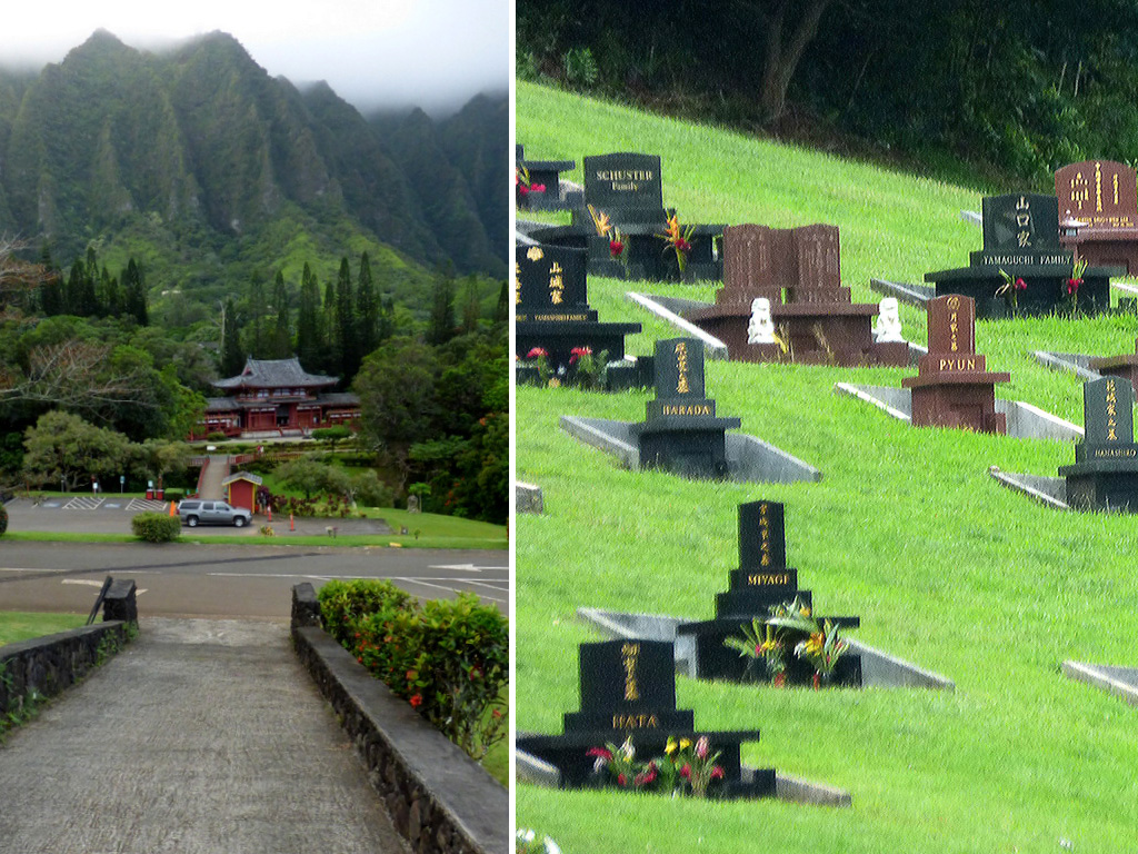 左：張-趙墓道對著仿造的京都平等院，背倚檀島東岸的可惡佬山脈。右：墓後的日裔人墓區。