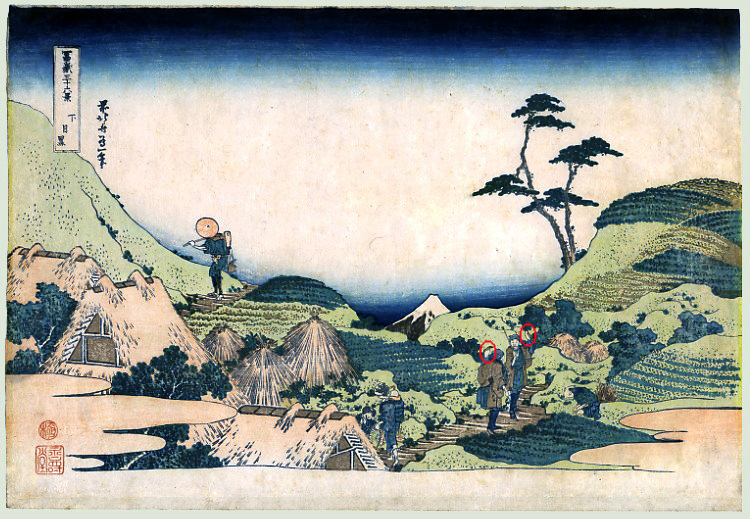 葛飾北齋的"富嶽三十六景"浮世繪，有一幅"下目黑の鷹匠"。兩名馴鷹者肩上各有一隻鷹(用紅圈標出)。