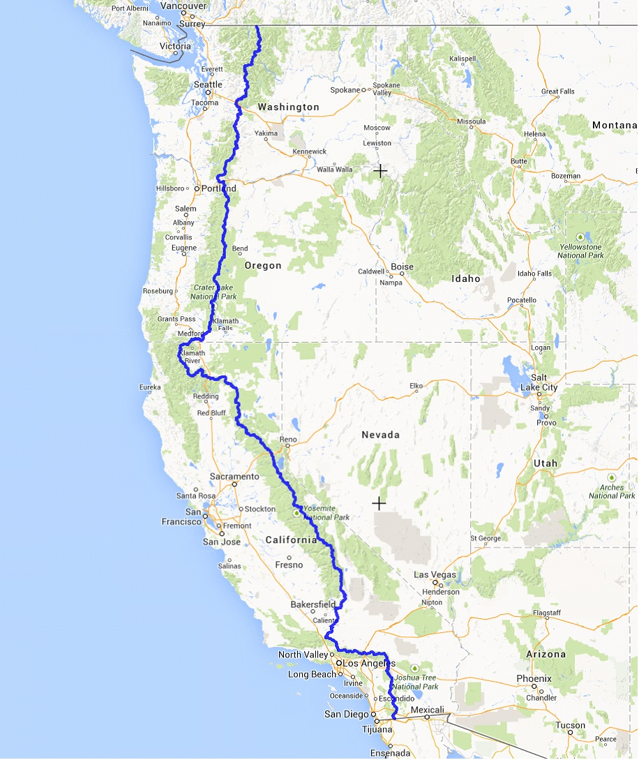 太平洋連峰步道(Pacific Crest Trail)簡圖。