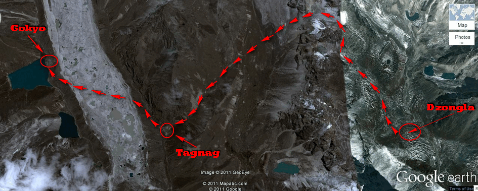Dzongla to Gokyo 路線圖 posted by Rich 2012 http://www.travelyourassoff.com/2012/01/cho-la-dzongla-to-gokyo-three-passes.html