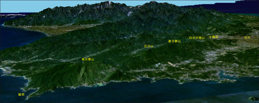龍台縱走全圖，底圖摘自 NASA 的模擬軟體 World Wind 1.3.1。
