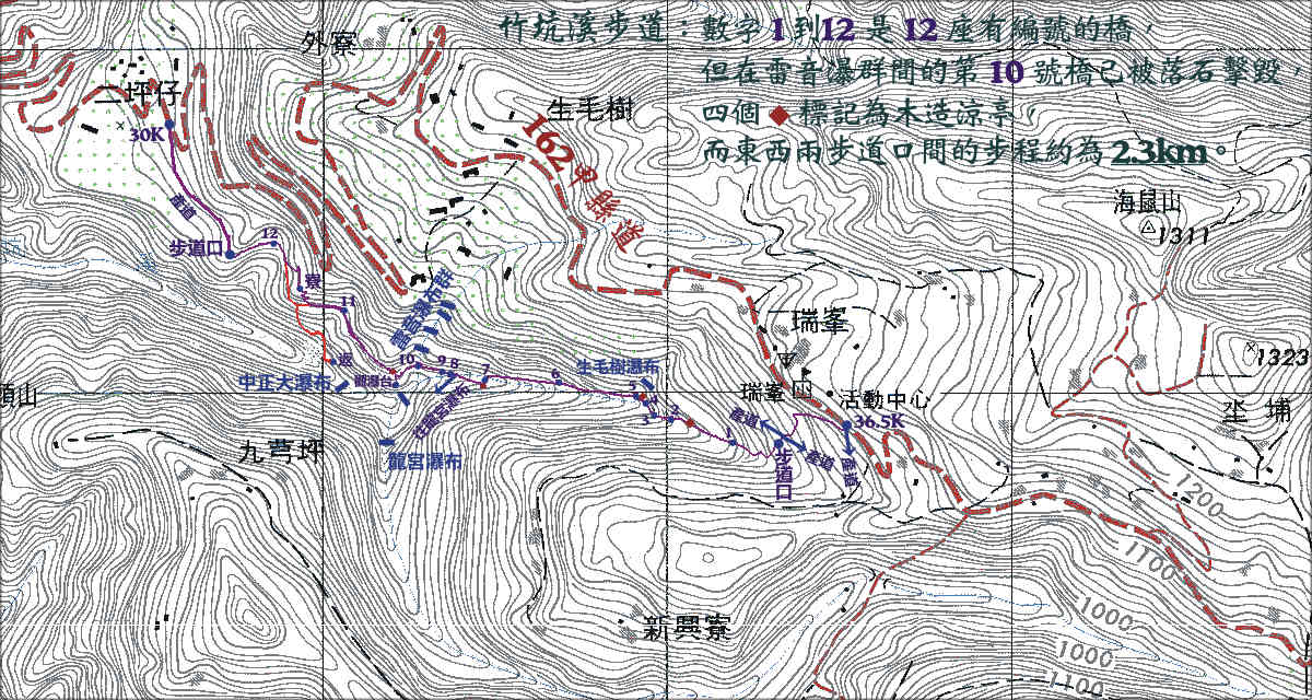 瑞峰竹坑溪步道的行程圖, 此行倒是未探須從各岔口前往的瀑布.