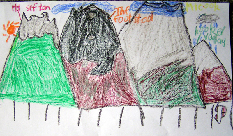 老二畫的山。Mt. Sefton，Mt.Footstool和Mt.Cook，還有我們的車。酷吧？