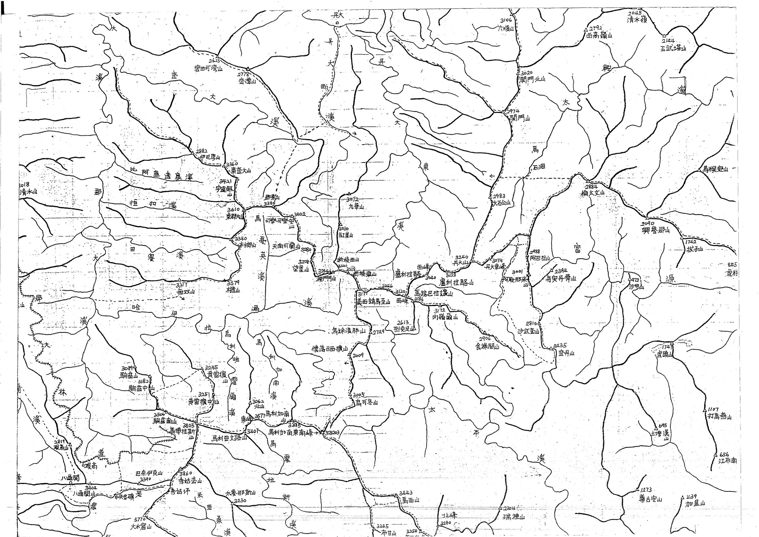 丹大山區簡圖(虛線為會師之前已走過的路線)