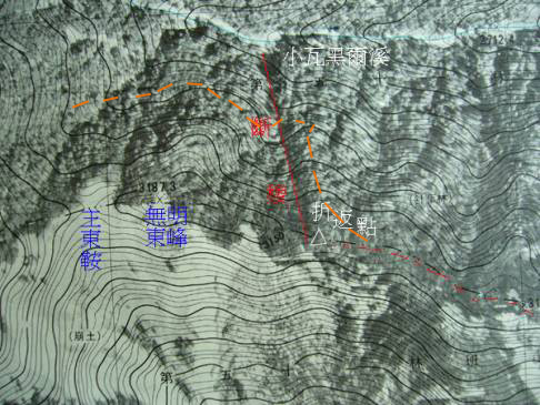 無名東峰附近航照圖, 橘色為預定腰繞路線