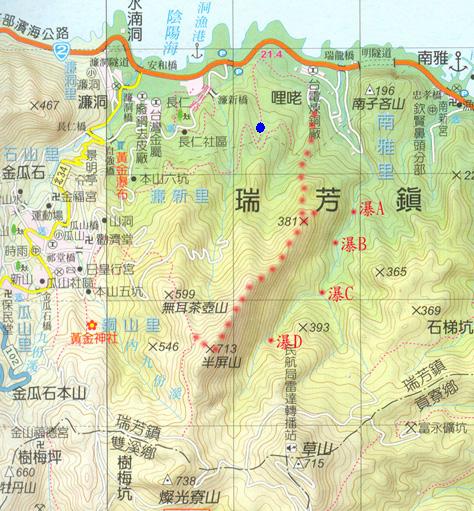 藍色的小點就是黃金池的位置
會在那麼奇怪的地方是因為它以前是人工池
不過現在除了地形外，很難很難看得出來了