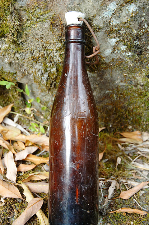 碑上供奉著日本時代的酒瓶, 還刻有日文的