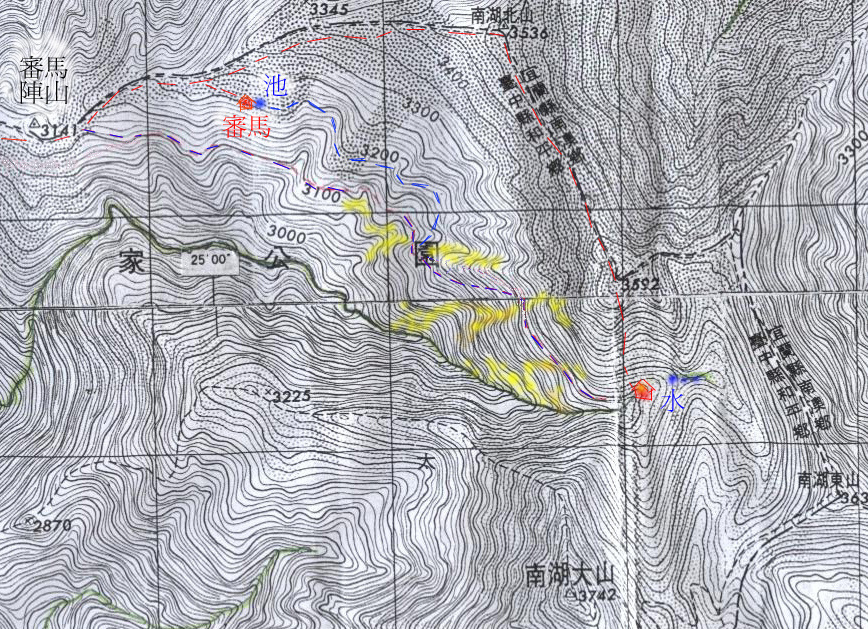 藍色虛線接紫色虛線是預定勘查路線. 加塗黃色部分可能有困難地形要避開.