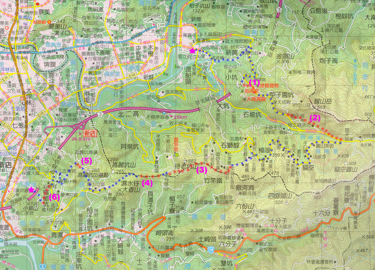 藍色路線為on road, 紅色路線為off road (6段)