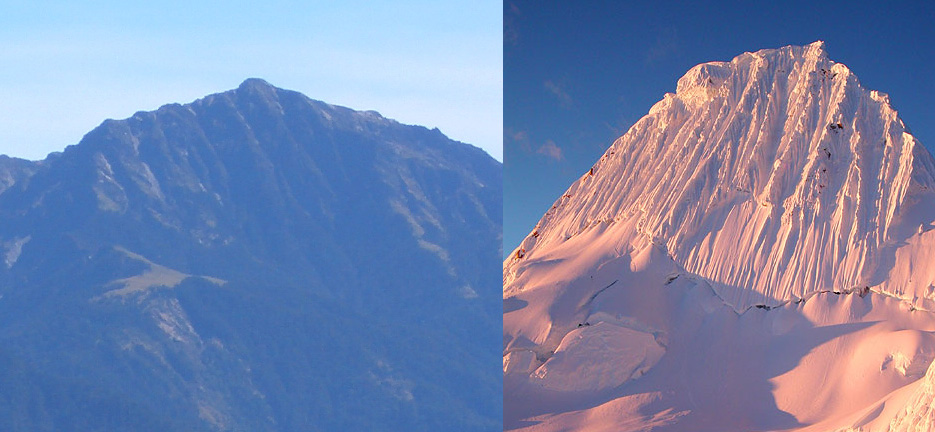 左為南湖大山, 右為Alpamayo, 兩者有相似的溝槽地形.