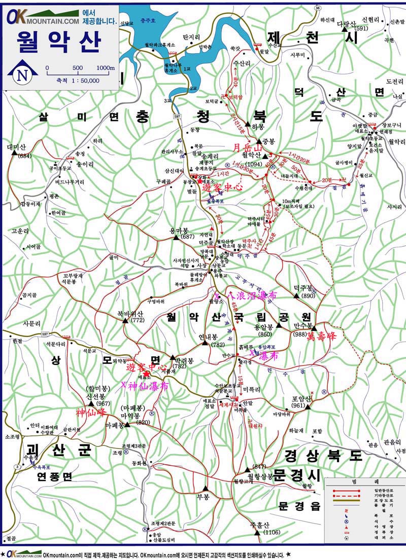 月岳山國家公園簡圖, X 為此次拜訪的冰瀑.