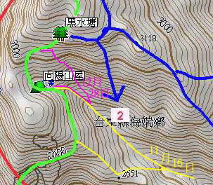 黃線及粉紅線是文政在11及12月所走的路線, 這次的路線, 可能在藍線2號附近.