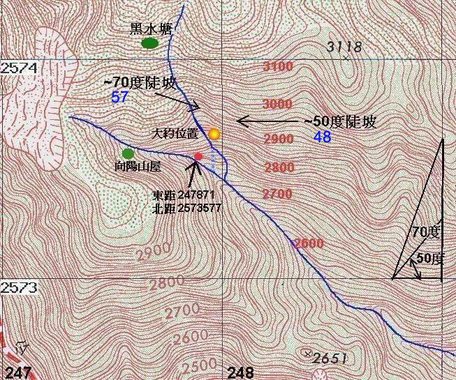 黃點為文政大約位置, 此為1/25000地圖, 每格1km. (原圖是登山補給站微笑天使所標示, 經阿佑稍加修正坡度數值--藍色數字)(299 KB)