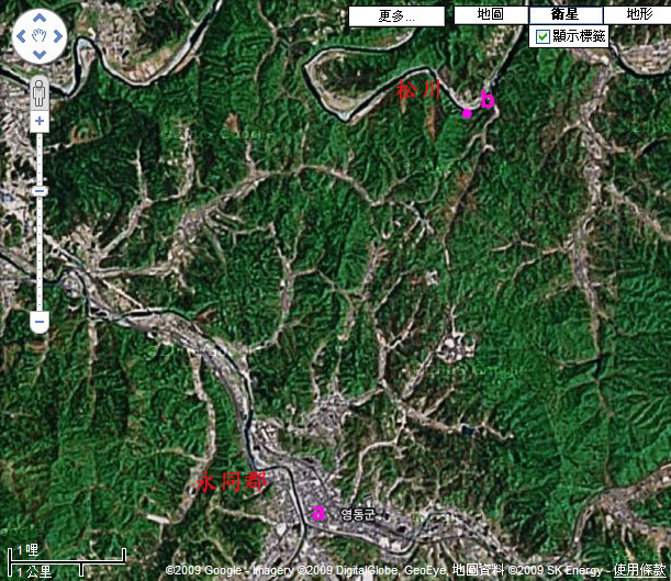 永同人工冰瀑位置圖. 粉紅點為冰瀑, a為永同巴士站, b為松川巴士站