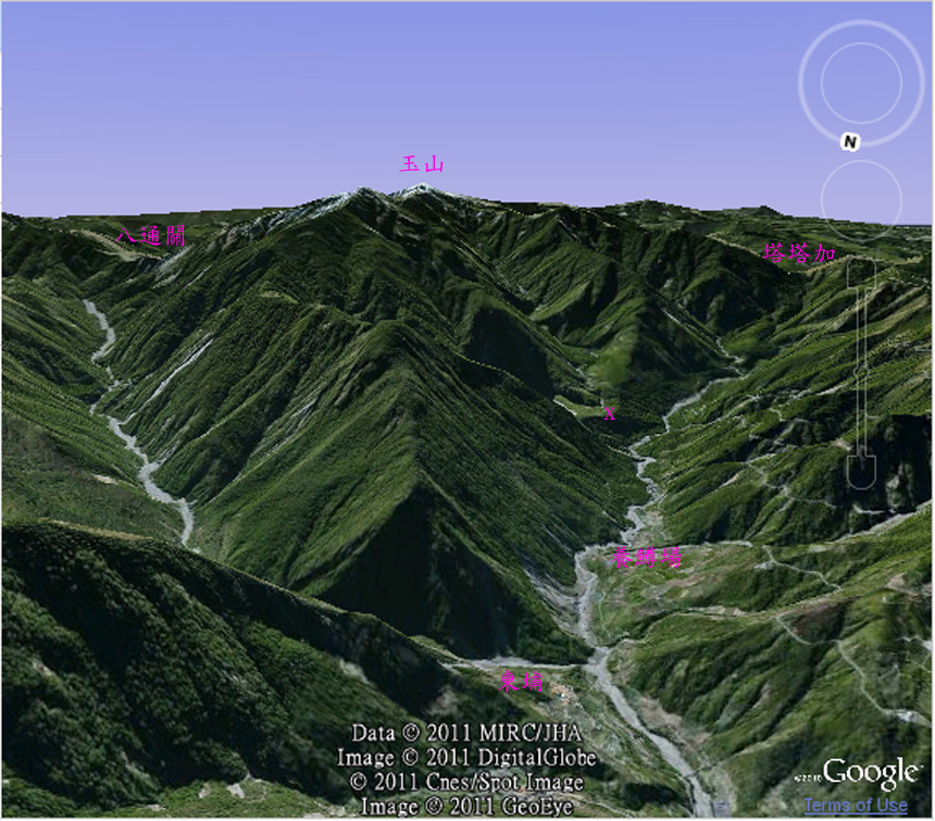 google earth 立體地圖, 粉紅色的X為溯溪隊所稱呼的北玉山位置
