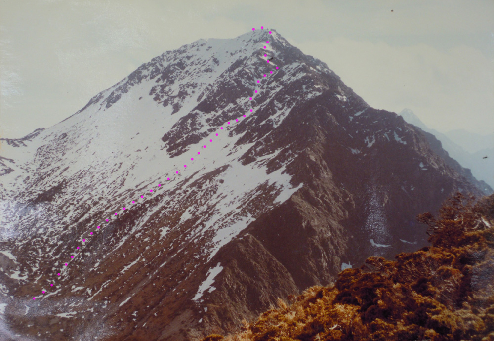 1981年二月, 南湖大山東面二號雪溝首登成功, 紅點為概略路線.