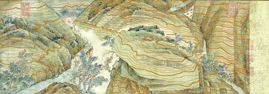 蕭雲從《秋山行旅圖》加上等高線（非正俯角），右
方瀑布旁可能有 Class 5.5 的攀岩路線，值得一試 :-)