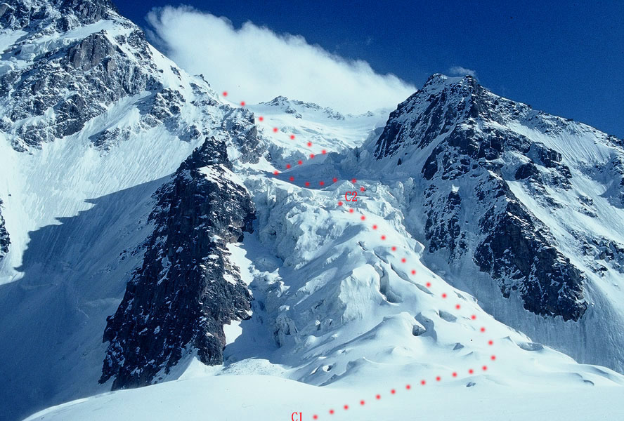由第一營望向地二營, C1-3800m, C2-4200m, 紅點為行進路線