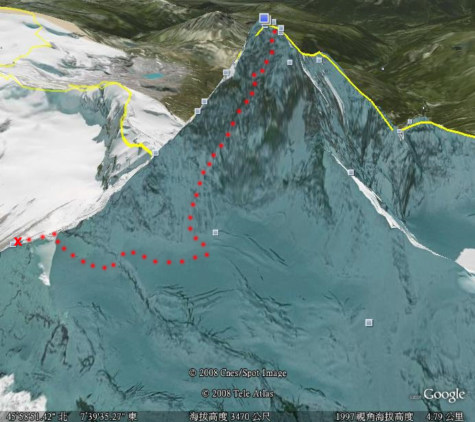 在google立體圖標示路線, x為登山客棧(3260m)